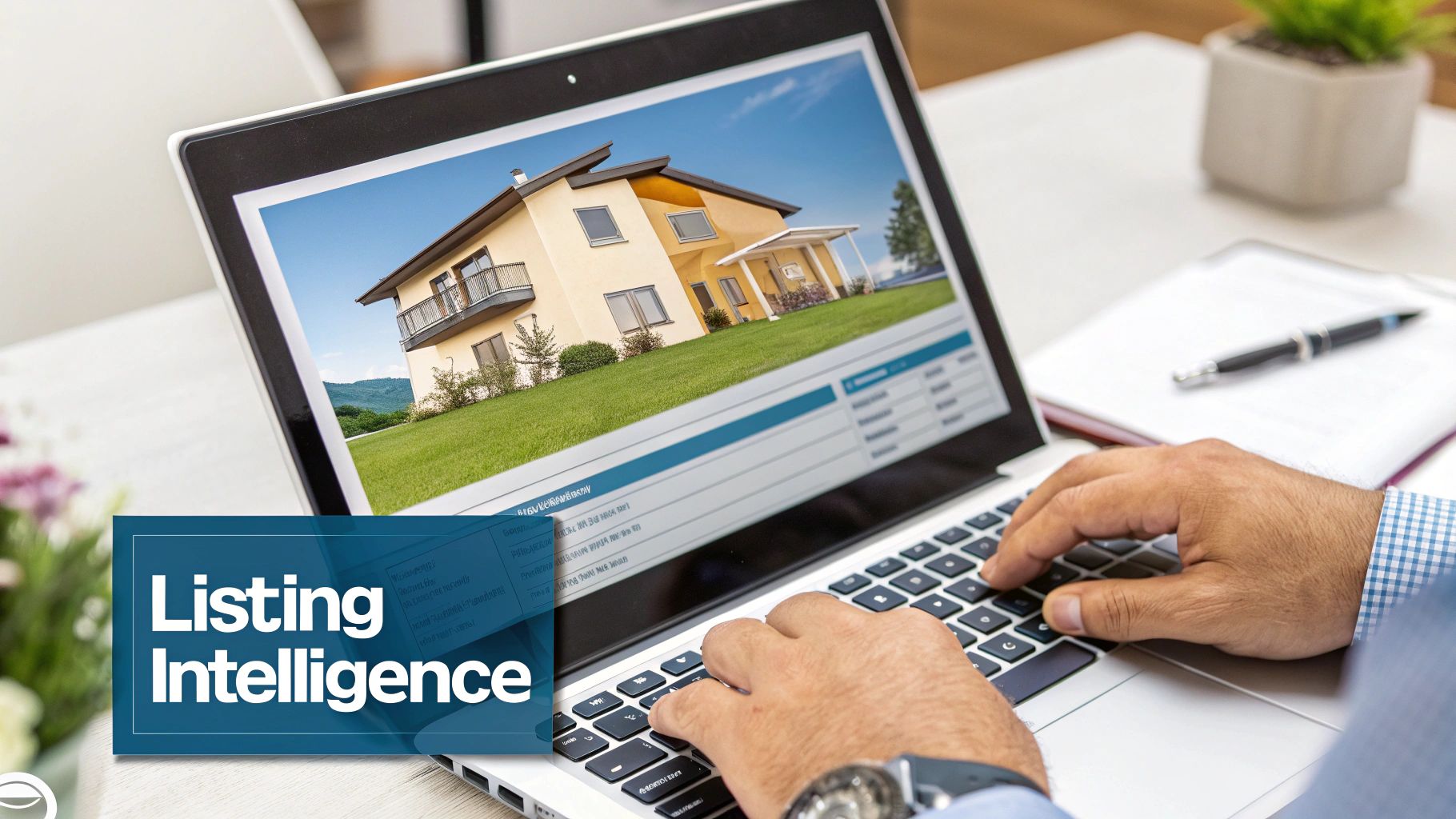 Hands typing on a laptop displaying a real estate listing of a modern house, with 'Listing Intelligence' text overlay.