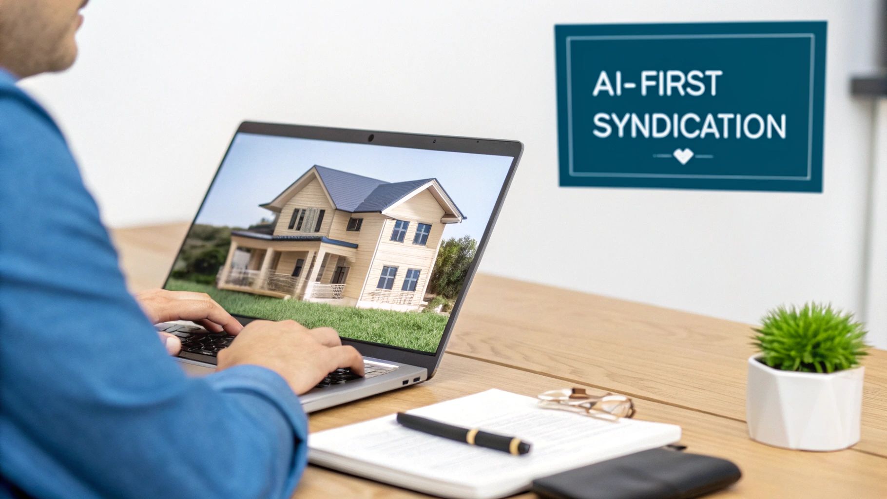 Person typing on a laptop displaying a 3D house model, with an 'AI-FIRST SYNDICATION' sign on the wall.
