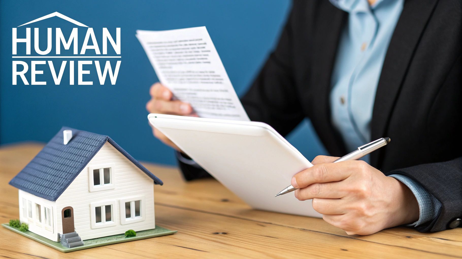 A person reviews property documents and a tablet, with a miniature house and 'HUMAN REVIEW' text.