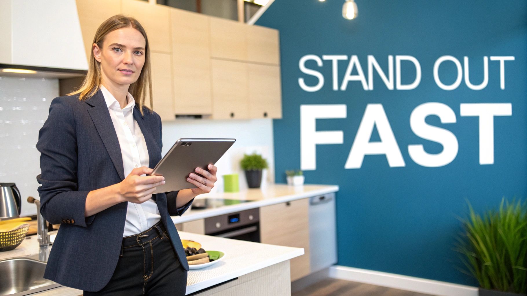 Professional woman in business attire holding a tablet in a modern kitchen.