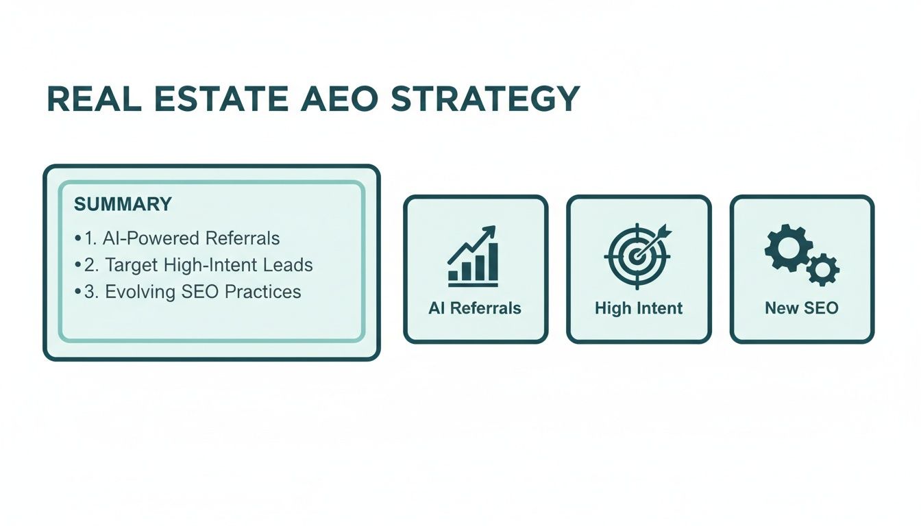 An infographic outlining a Real Estate AEO Strategy with AI-powered referrals, high-intent leads, and new SEO practices.
