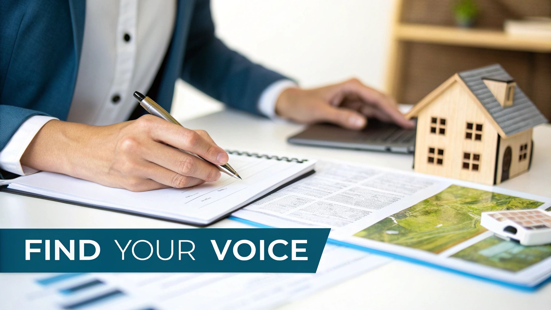 A business person is writing notes with a house model and laptop on a desk, representing real estate work.