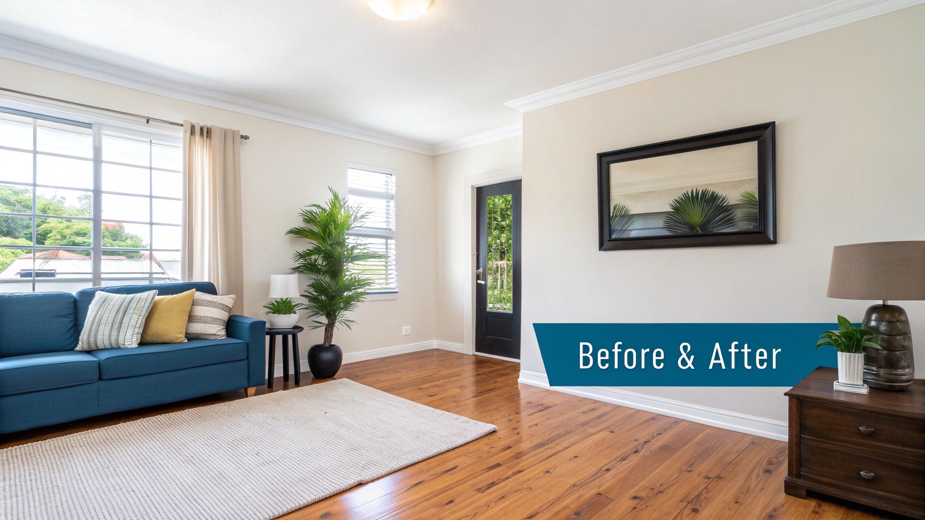 A brightly lit and well-decorated living room featuring a blue sofa, area rug, hardwood floors, and a mirror.