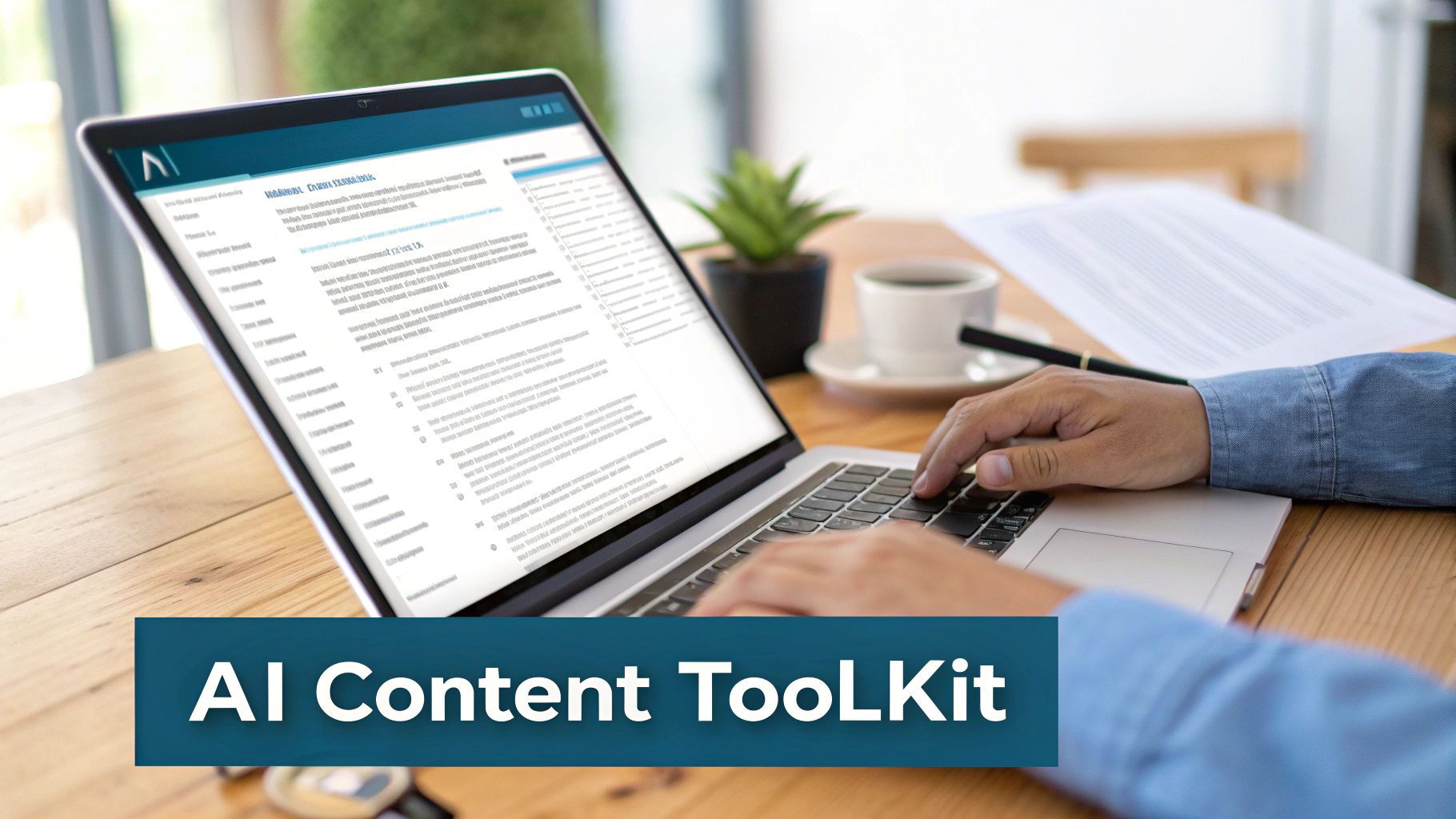 A person works on a laptop displaying a document, with coffee and an 'AI Content ToolKit' banner.