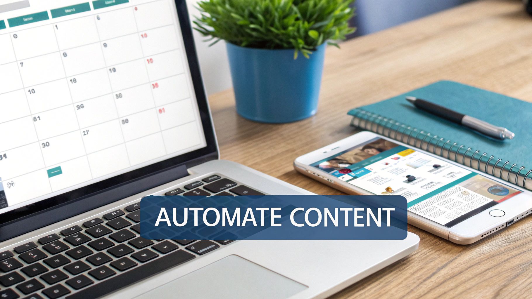 A modern desk setup with a laptop showing a calendar, a smartphone, and the text 'AUTOMATE CONTENT'.