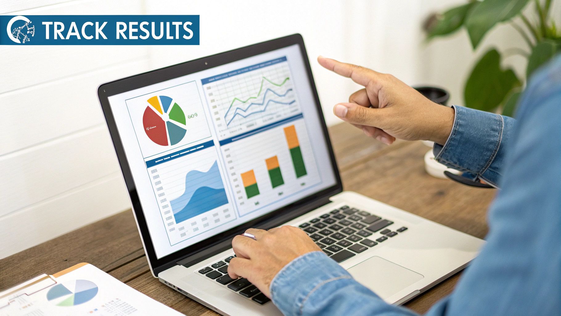 A person's hands analyze data on a laptop screen displaying various charts and graphs.