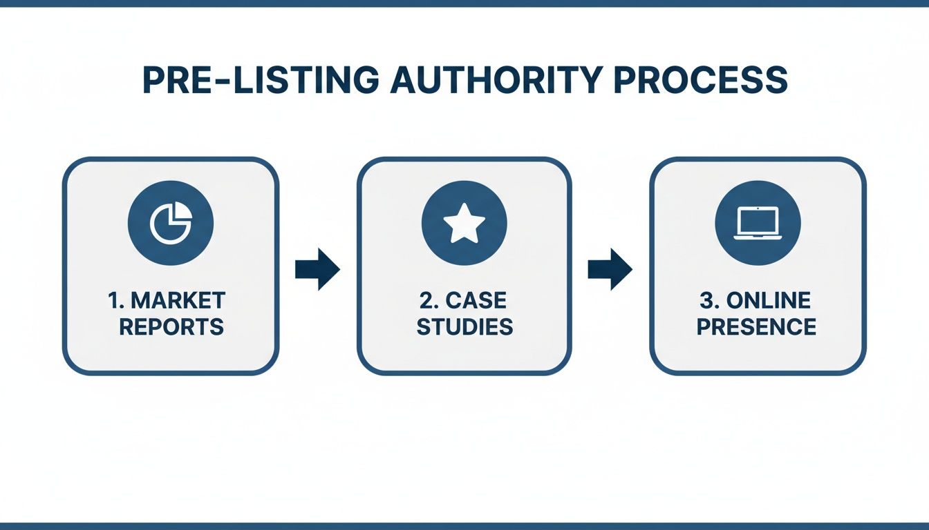 A visual representation of the pre-listing authority process with three steps: market reports, case studies, and online presence.