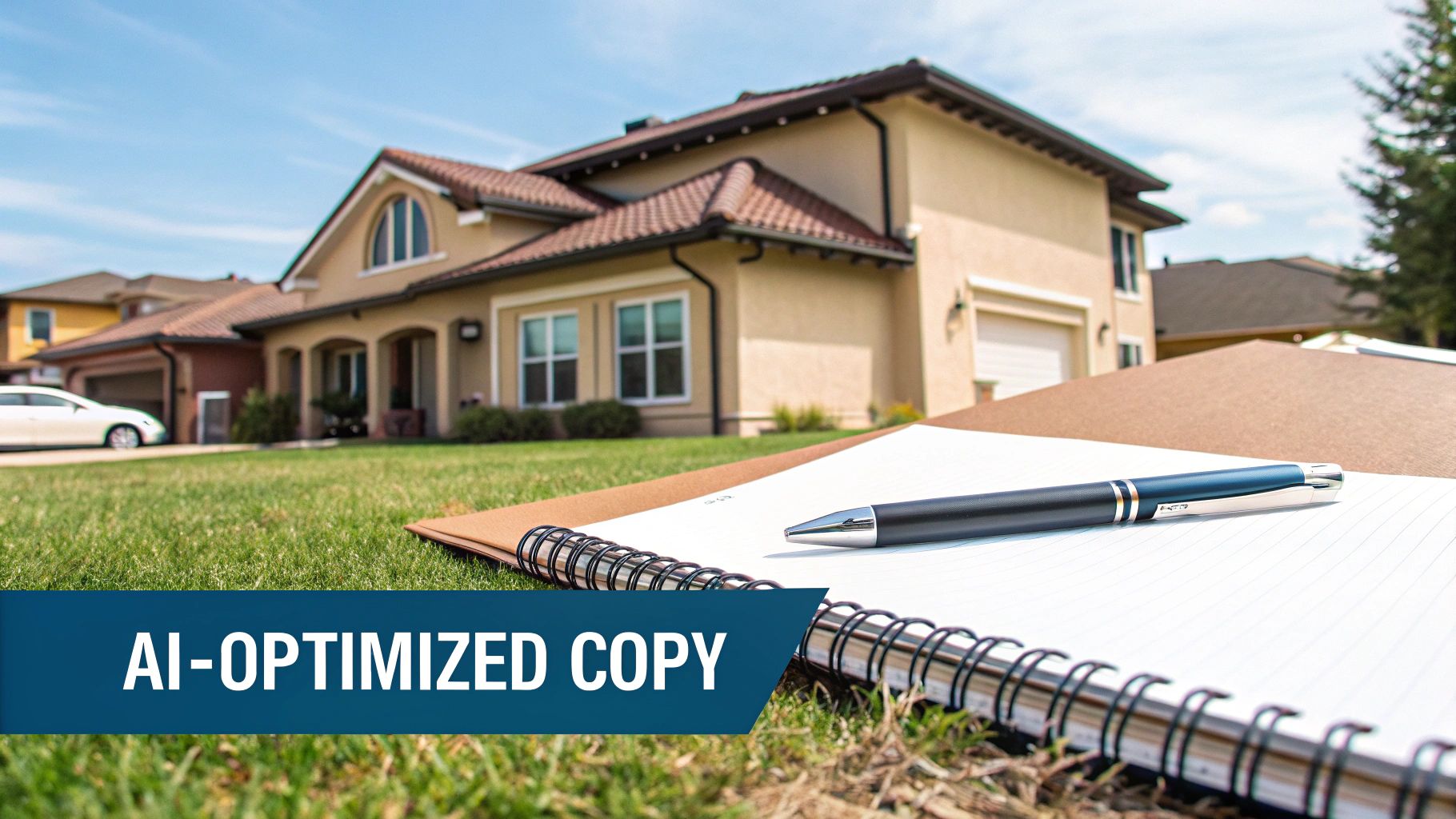 A beige house with a tiled roof on a sunny day, with an open notebook and pen on the green lawn in the foreground.