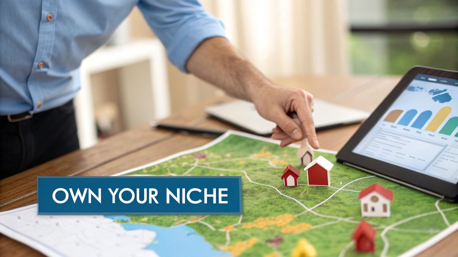 A hand points at miniature houses on a map, analyzing real estate strategy with a tablet showing data.