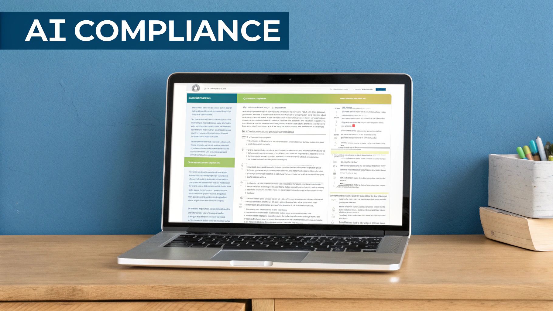 A laptop displaying an AI compliance software interface on a wooden desk with office supplies.