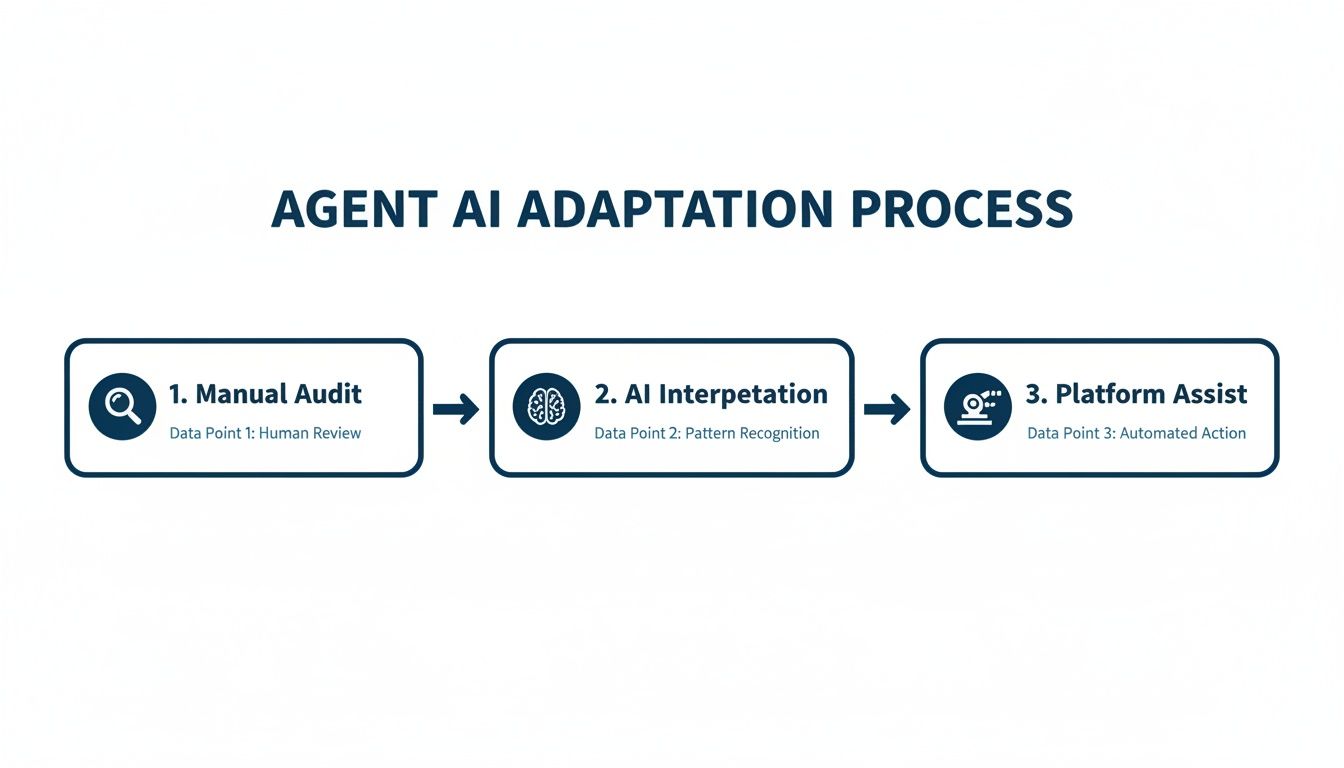 Flowchart illustrating the Agent AI Adaptation Process with manual audit, AI interpretation, and platform assist stages.