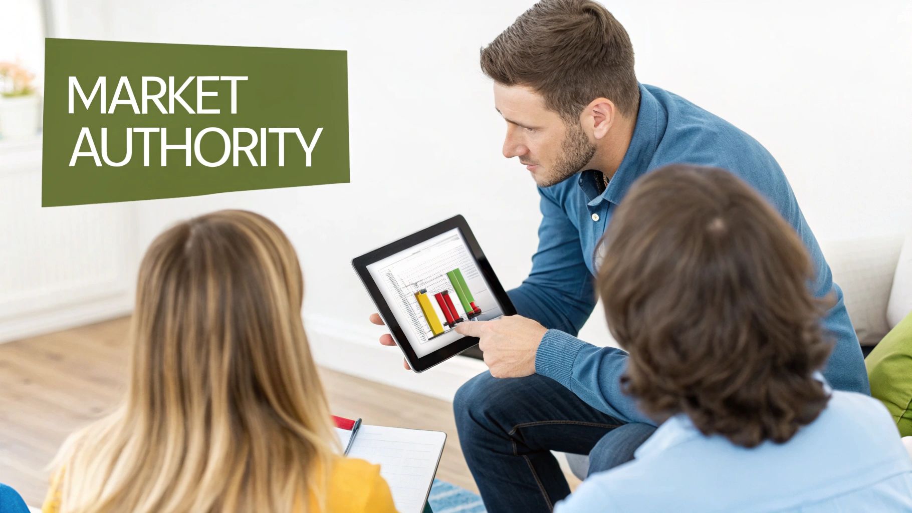 A man shows market authority charts on a tablet to two colleagues in a business meeting.