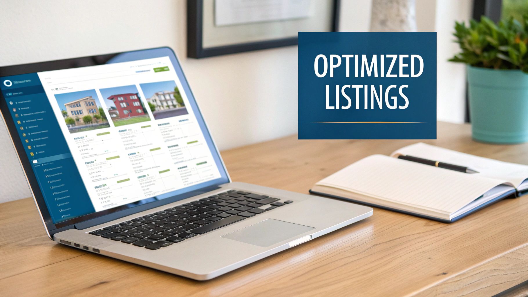 Laptop displaying optimized real estate listings on a wooden desk with a notebook and a plant.