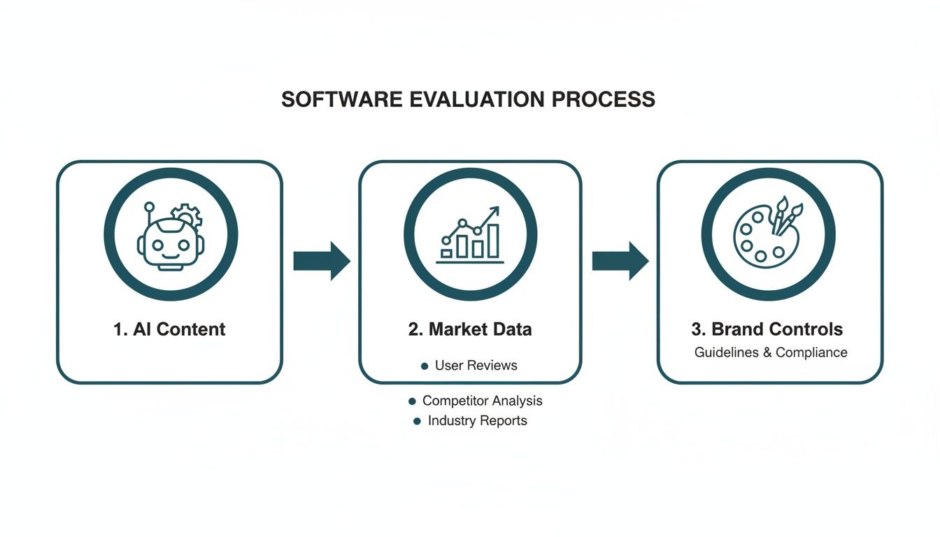 Diagram illustrating a software evaluation process with steps: AI content, market data, and brand controls.