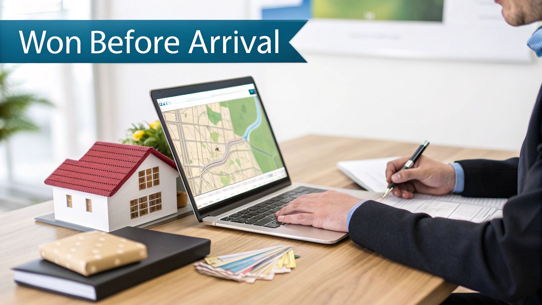 A man in a suit works on a laptop showing a map, with a model house and documents on his desk, depicting a real estate transaction.