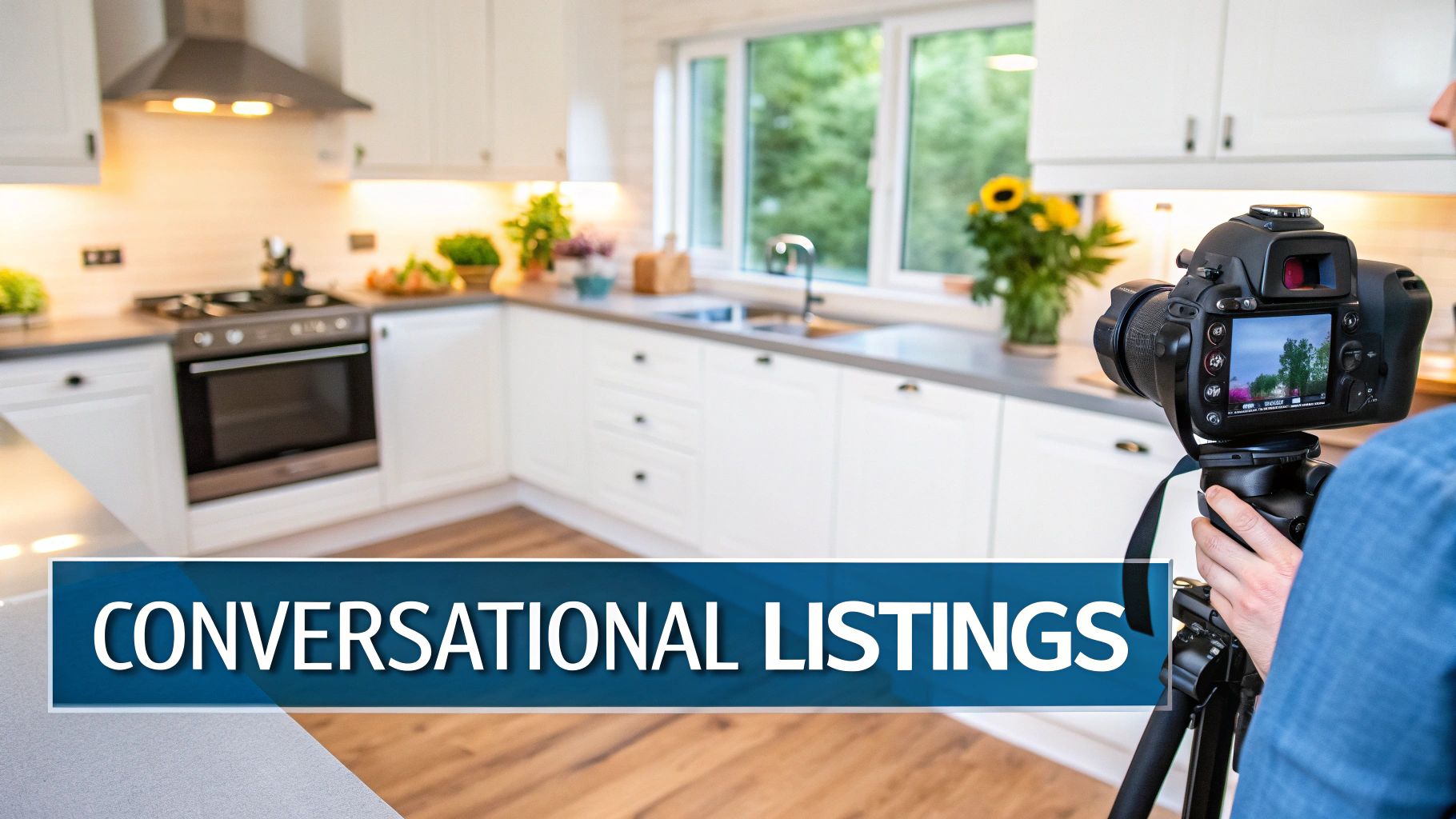 A photographer using a DSLR camera to capture a bright, modern kitchen for real estate listings.