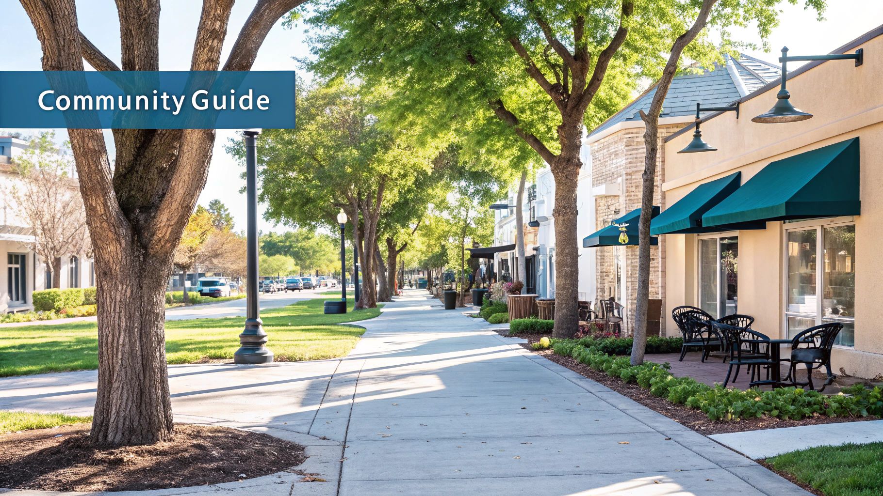 A vibrant community street lined with lush trees, charming storefronts, outdoor seating, and a 'Community Guide' banner.