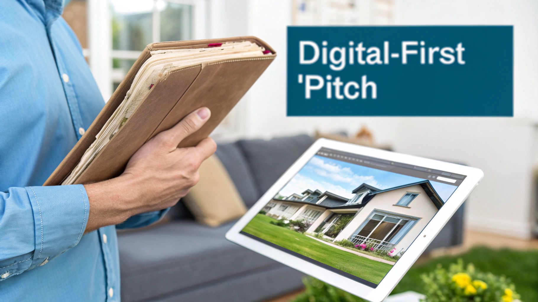 A person holds a binder while a tablet displays a house image, with 'Digital-First Pitch' text.