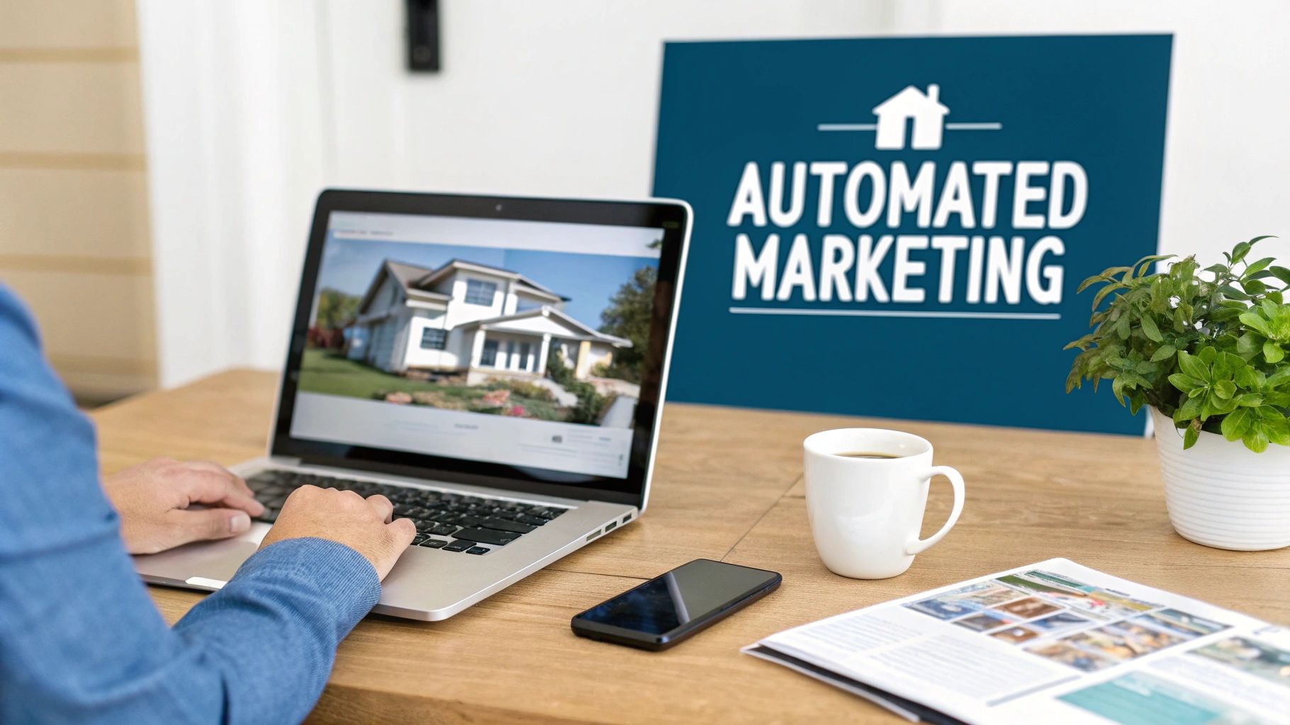 A person uses a laptop displaying a house, with a coffee mug and an 'Automated Marketing' sign.