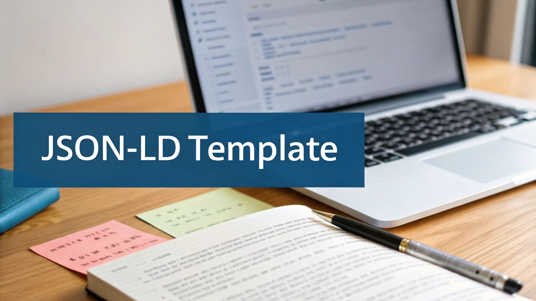A laptop, open notebook, pen, and sticky notes on a desk, with a 'JSON-LD Template' banner.