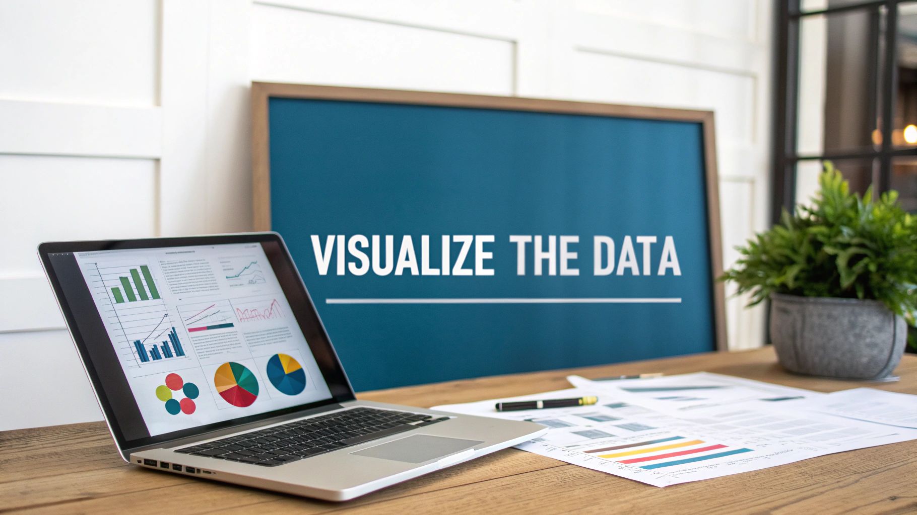 A laptop on a wooden desk displays various data visualizations, with a sign saying 'Visualize the Data' in the background.