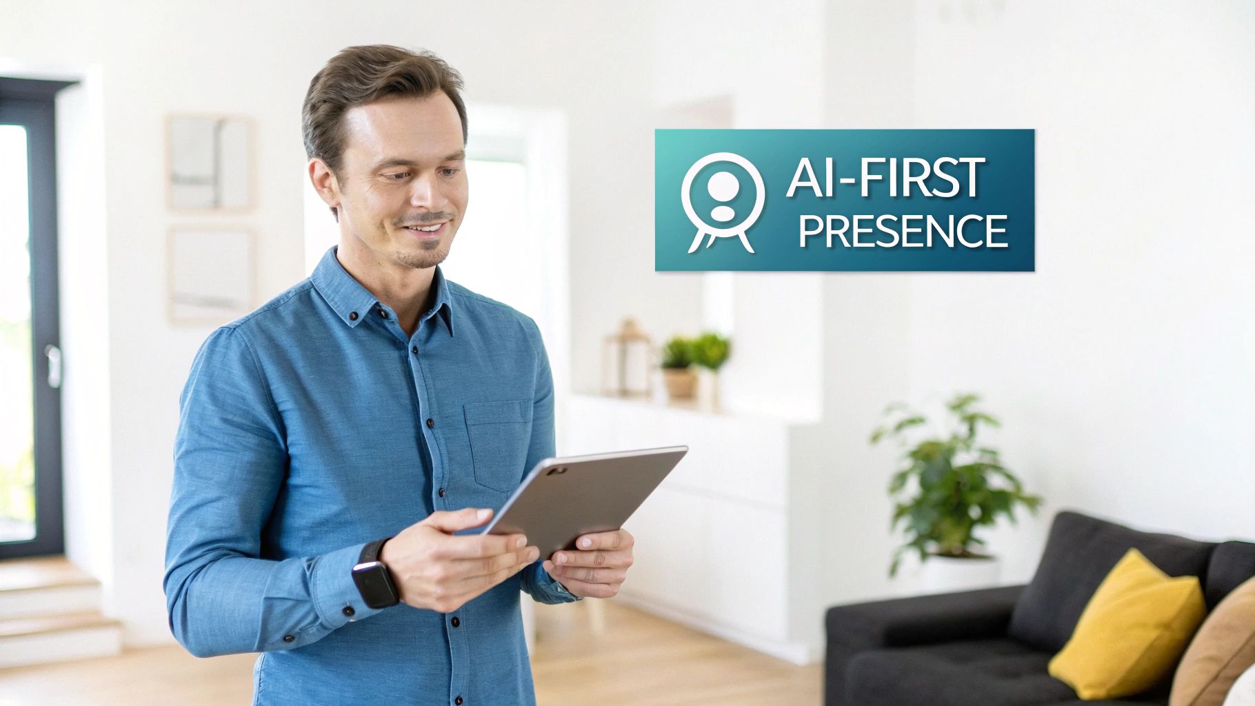 A smiling man in a blue shirt uses a tablet in a bright, modern home, with an 'AI-FIRST PRESENCE' graphic overlay.