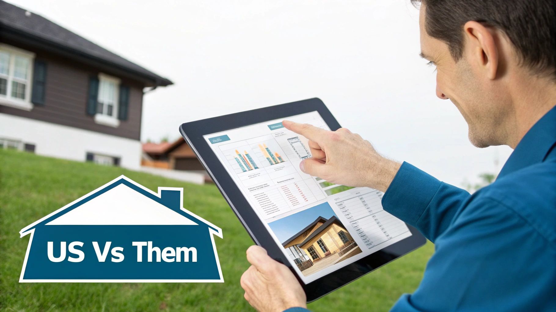 A man outdoors views real estate data and a house graphic on a tablet screen.
