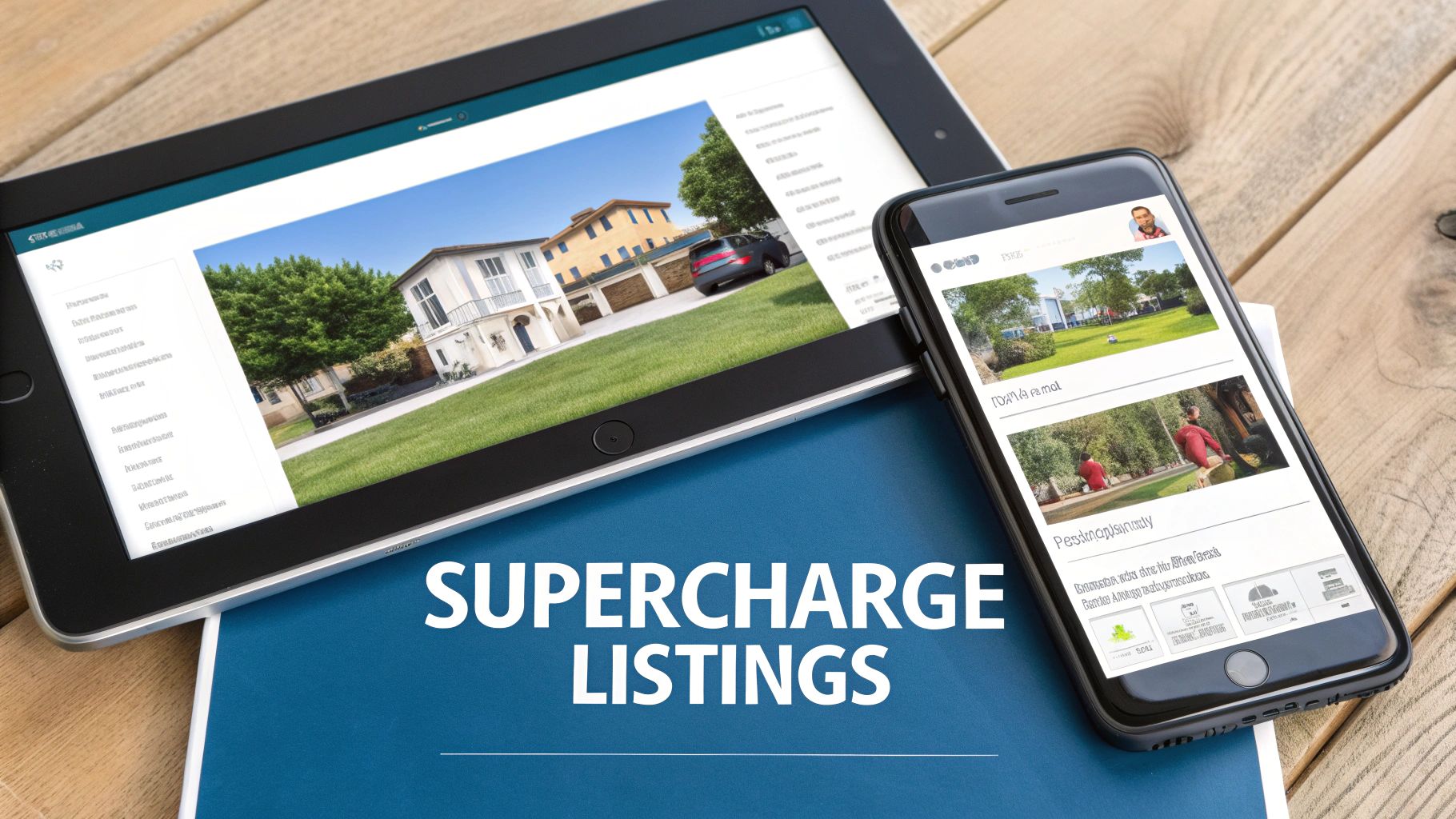 Tablet and smartphone displaying real estate listings on a blue cover with 'SUPERCHARGE LISTINGS' text.