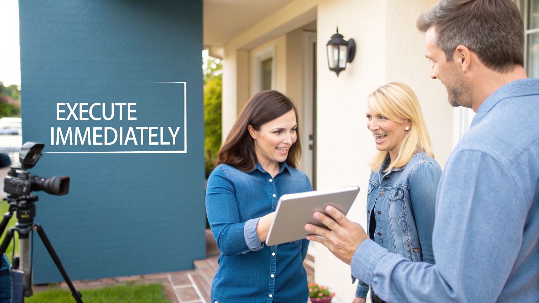 Three smiling professionals, a man and two women, discussing a plan on a tablet with a camera nearby.