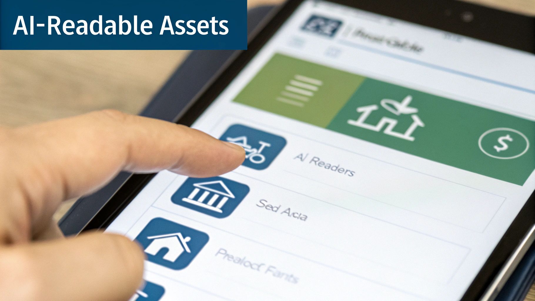 A hand taps a tablet screen displaying an application with icons, text like 'AI Readers', and a banner 'AI-Readable Assets'.