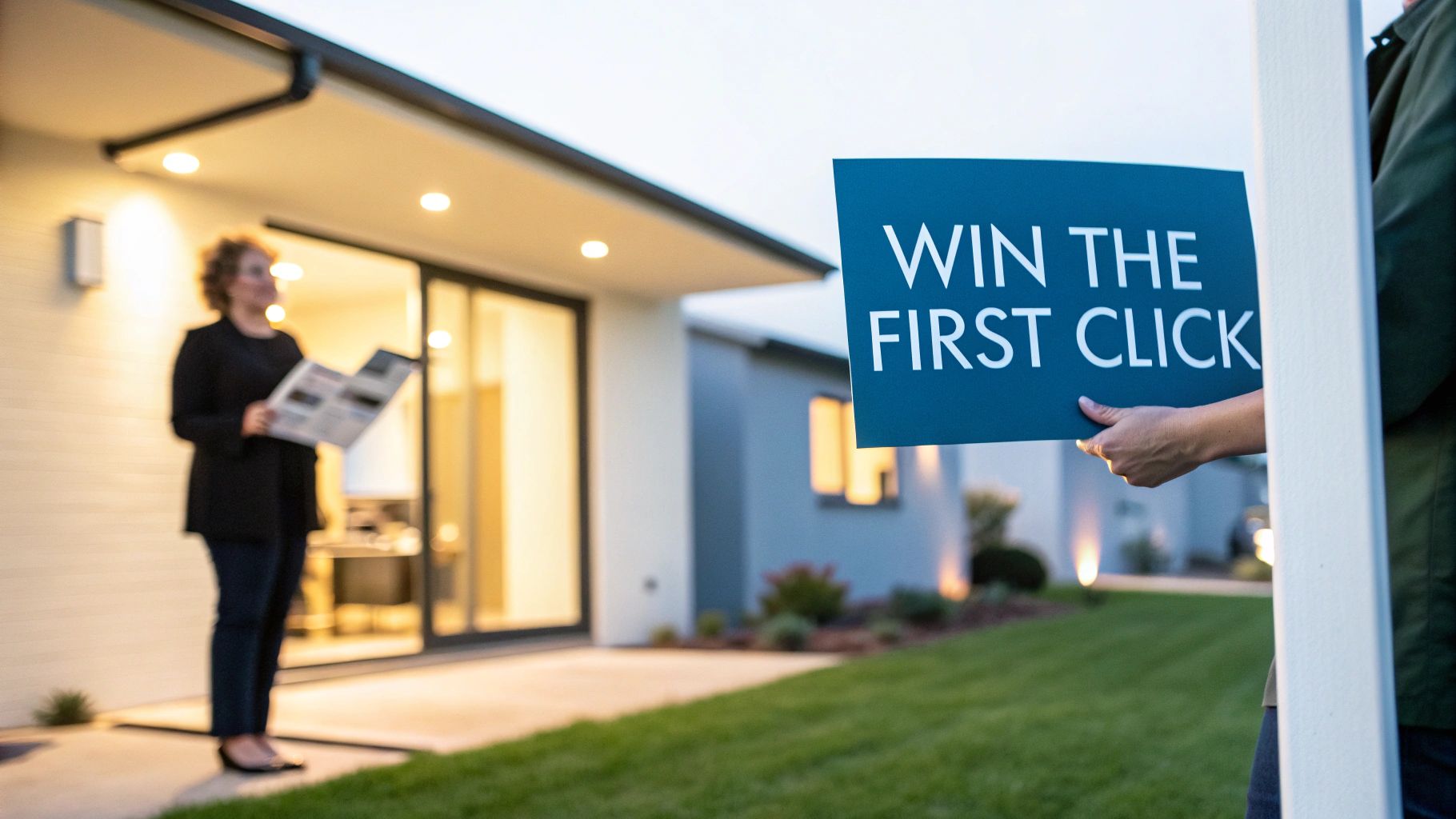 A hand holds a 'WIN THE FIRST CLICK' sign in front of a modern house and a woman with a brochure.