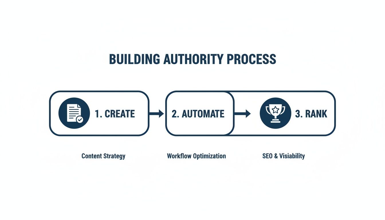 Infographic illustrating the 3-step building authority process: create, automate, and rank for SEO visibility.