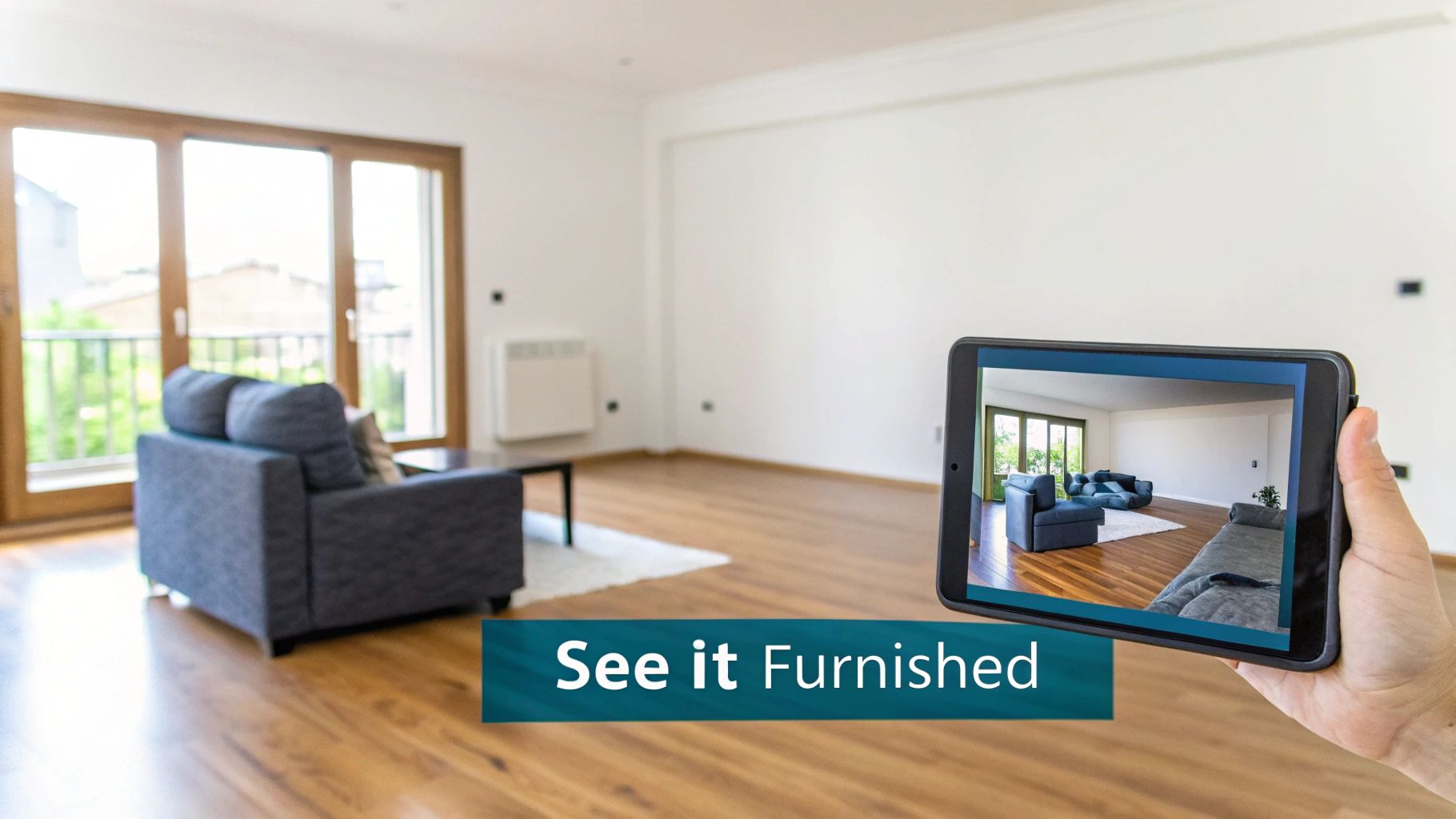 An augmented reality tablet displays a virtually furnished room contrasting with the empty living space.