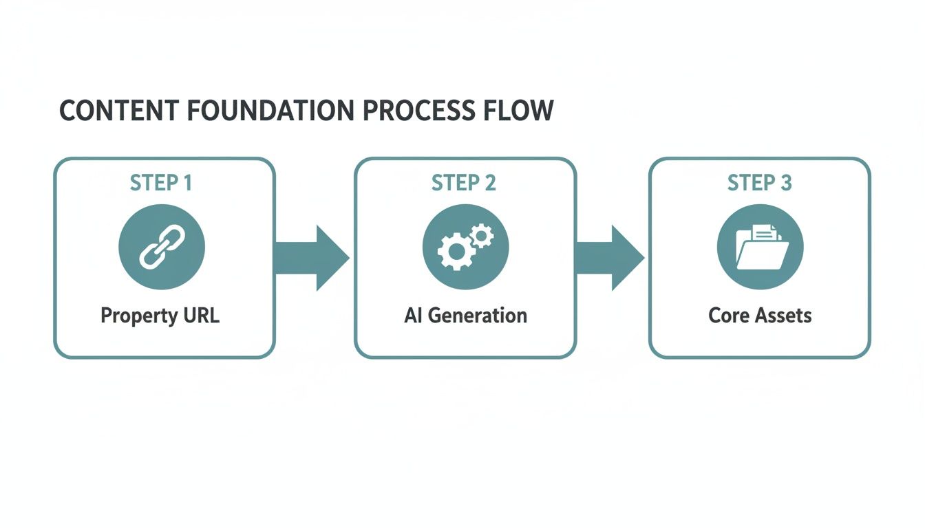 A three-step content foundation process flow showing Property URL, AI Generation, and Core Assets.