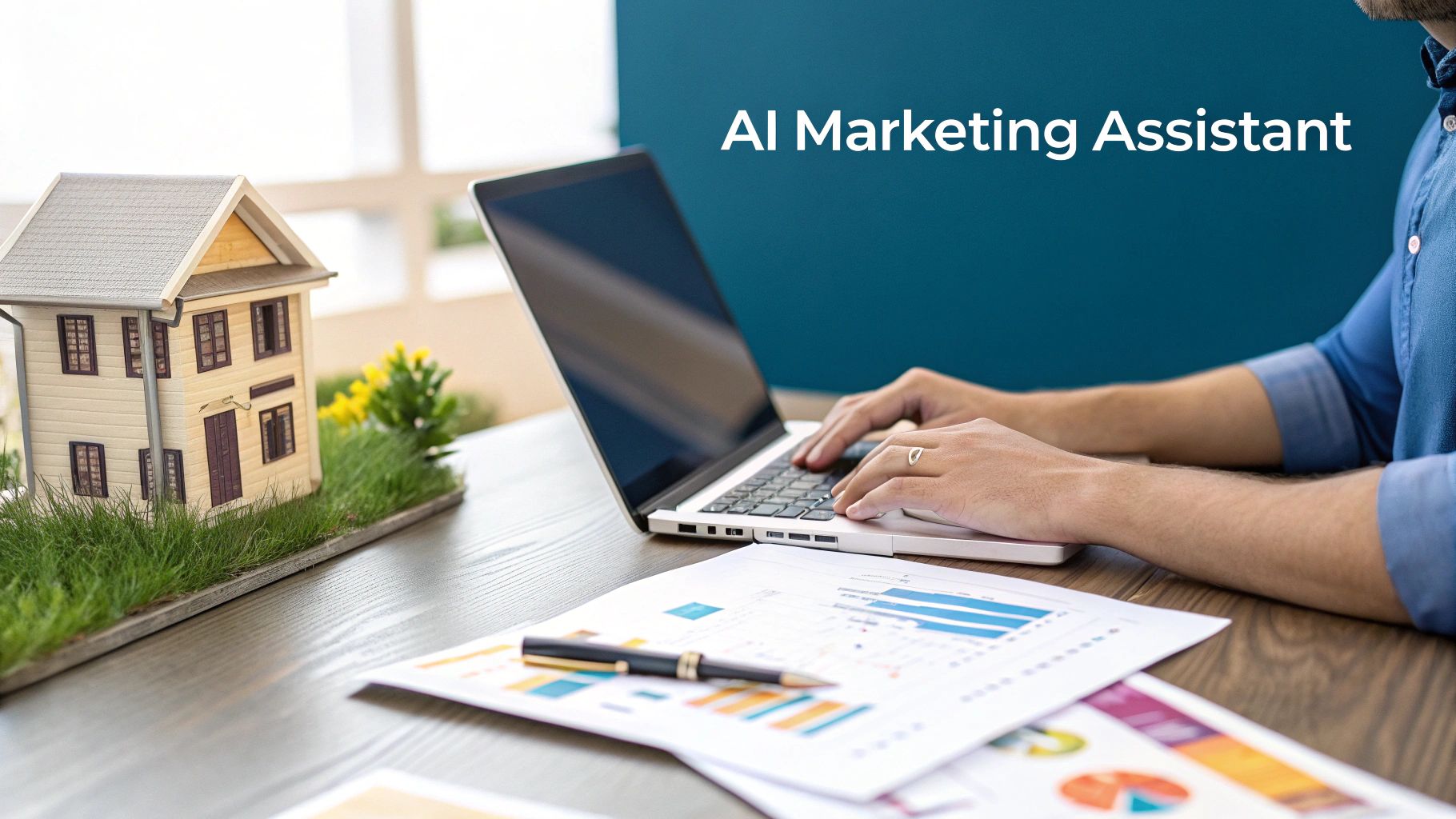A person uses a laptop on a wooden desk next to a model house and marketing reports with charts.