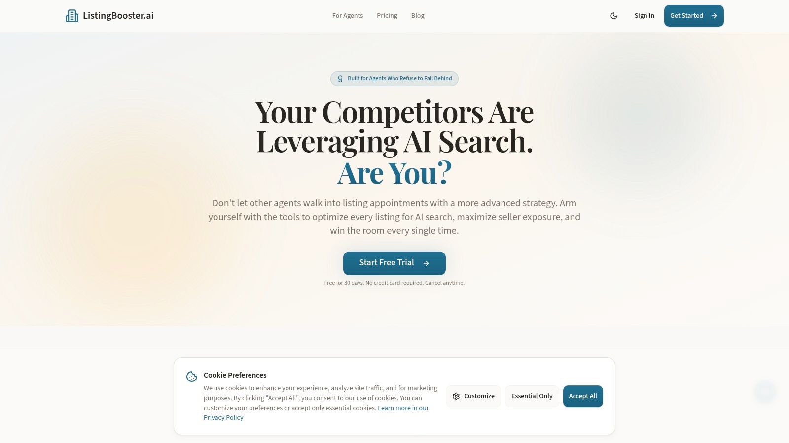 ListingBooster.ai Homepage showcasing its AI-powered marketing tools for real estate agents.