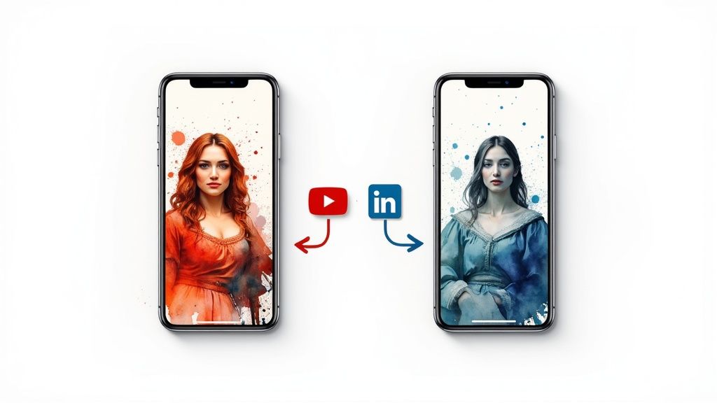 A graphic showing a video player icon with various social media logos orbiting around it.