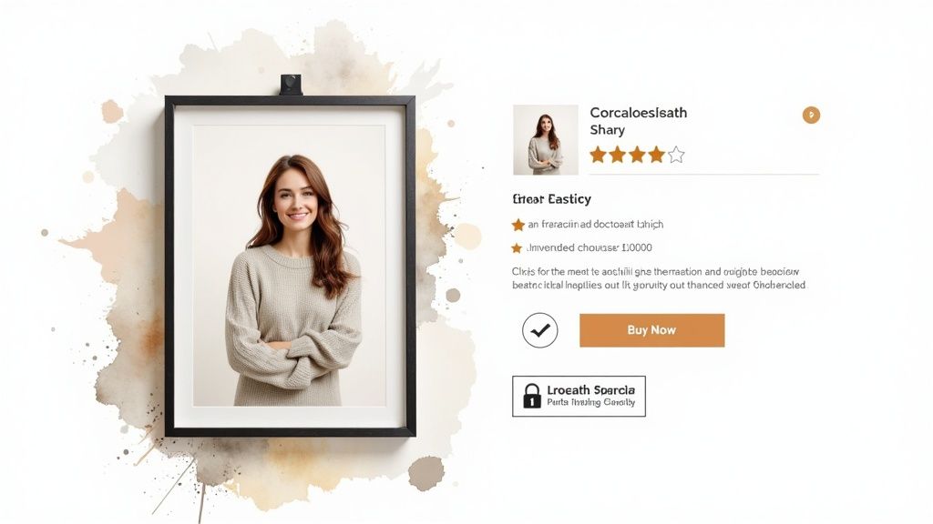 A framed photo of a smiling woman in a sweater next to a product review and 'Buy Now' button.