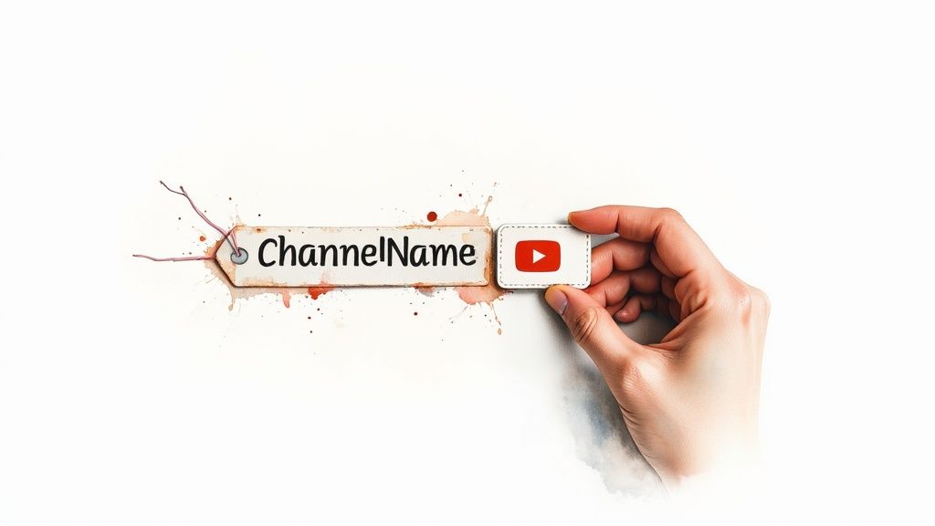 A hand attaches a YouTube logo tag to a 'ChannelName' tag, symbolizing channel branding.