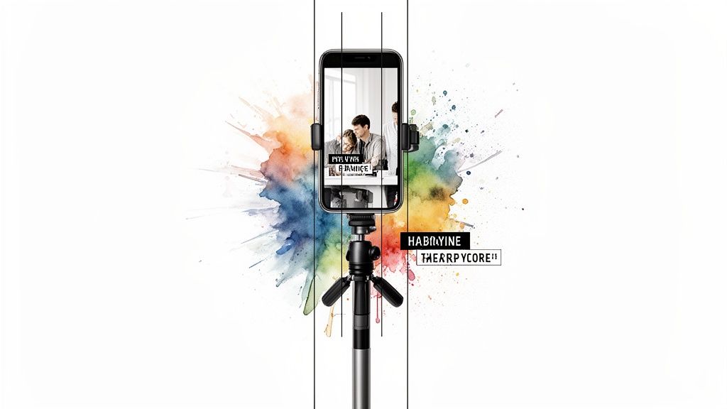 A smartphone on a tripod displays two men in a video, set against vibrant watercolor paint splashes.