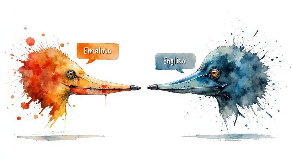 A visual representation of language translation, with Spanish and English flags connected by digital pathways.