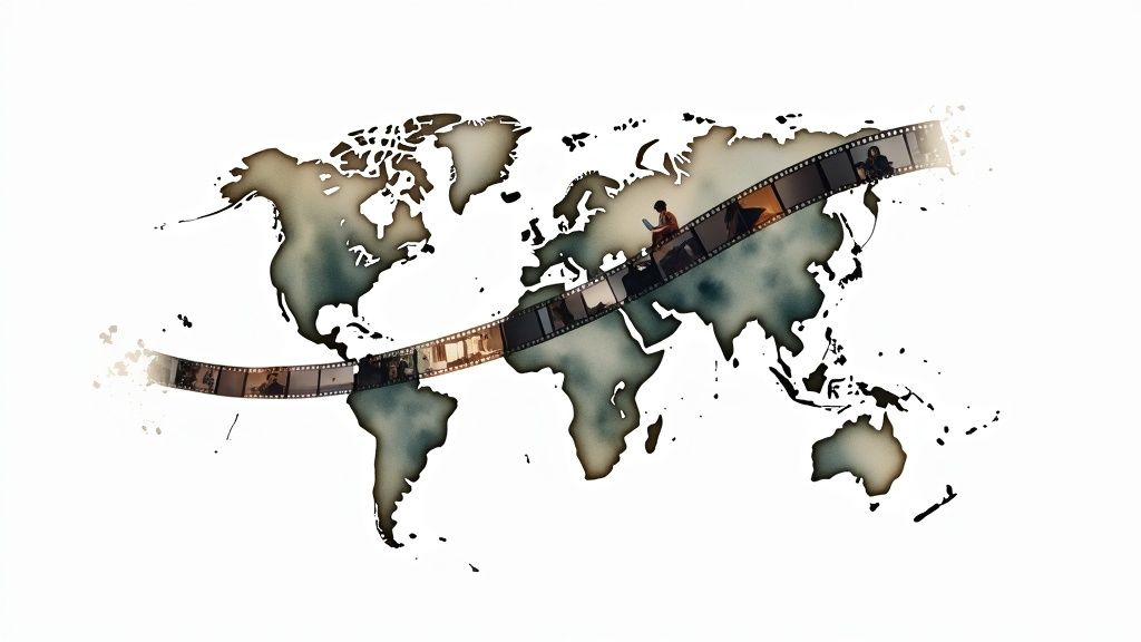 World map with film strips wrapped around continents representing global video translation and subtitling services