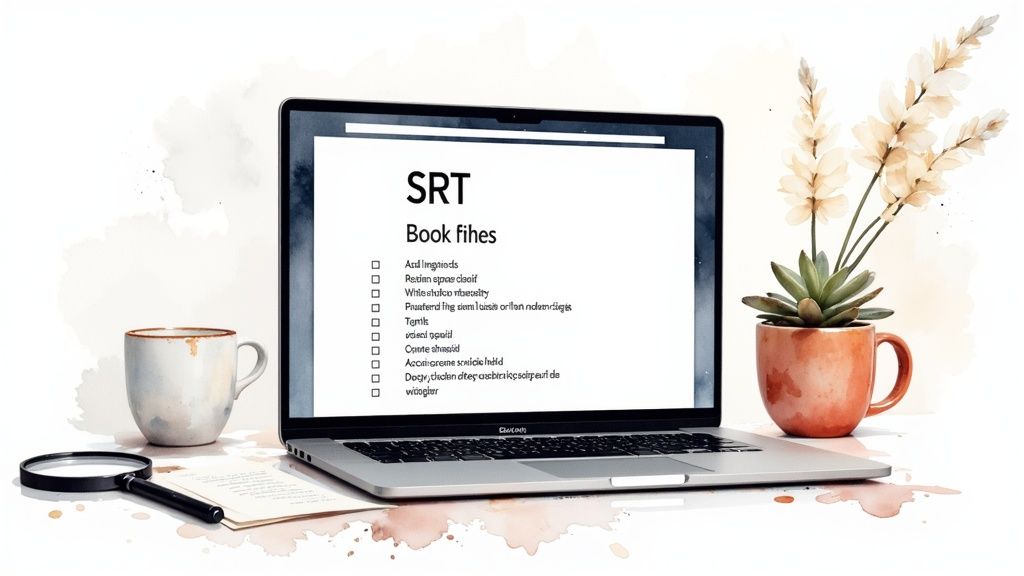 A cozy workspace featuring a laptop displaying a 'SRT Book files' checklist, a cup of coffee, and a potted plant.