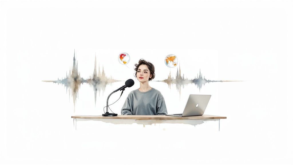 A woman speaks into a microphone with a laptop, sound waves, and globe icons, illustrating AI character voices.