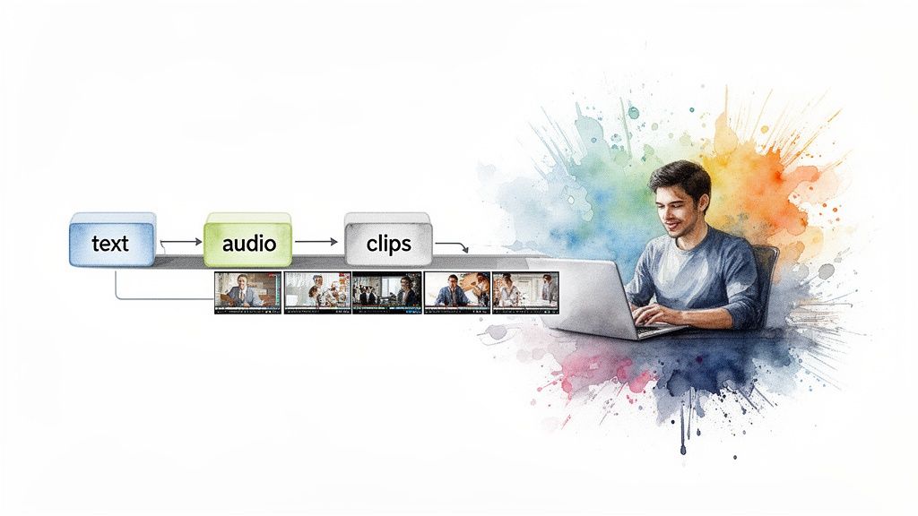 A man uses a laptop, demonstrating the process of creating video clips from text and audio, surrounded by watercolor splashes.