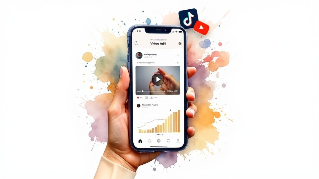 A digital marketing dashboard showing video ad performance metrics like view-through rate and conversions.