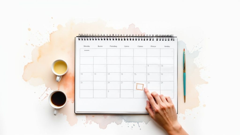 A person marking dates on a wall calendar to plan content strategy