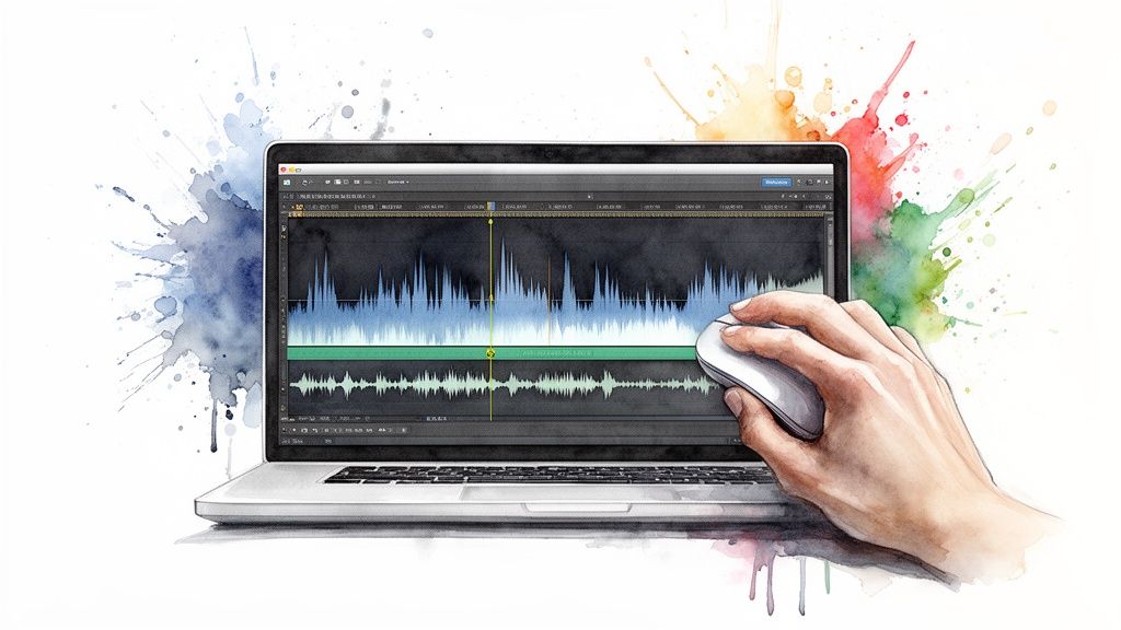 Hand editing audio and video waveforms on a laptop screen with a colorful, creative background.