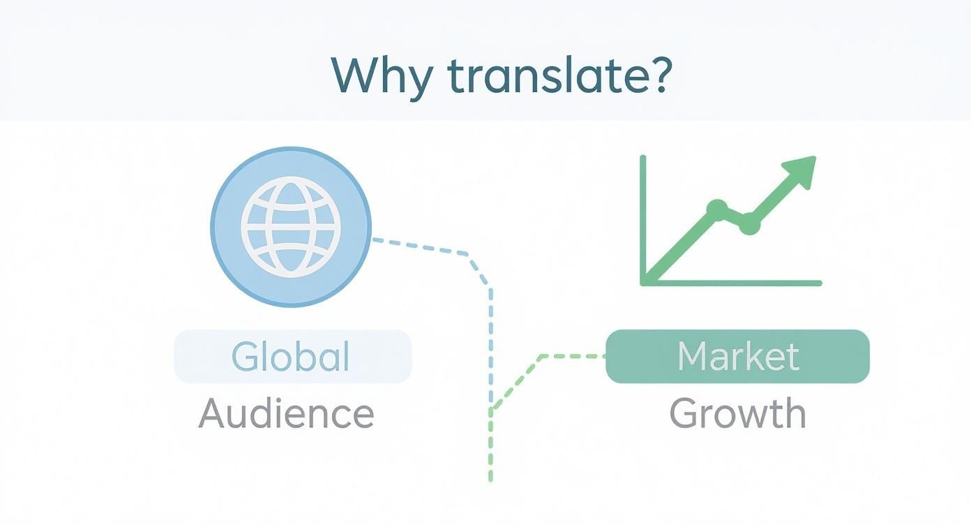 Infographic showing global audience icon connected to market growth chart illustrating translation benefits
