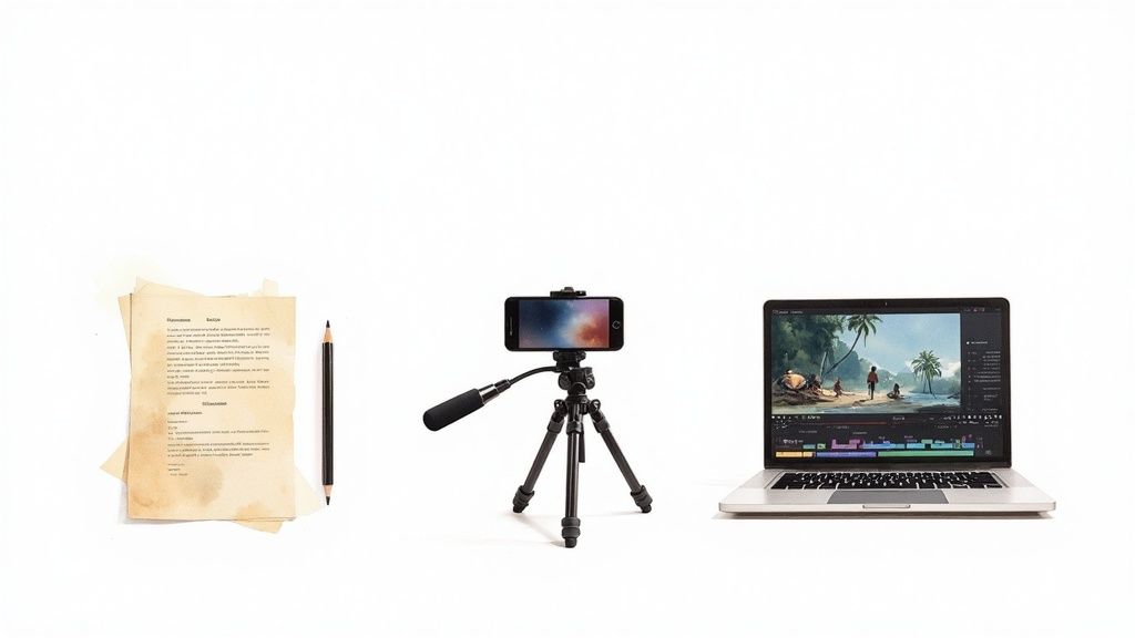Video production essentials: a script, smartphone on tripod with mic, and laptop for editing.